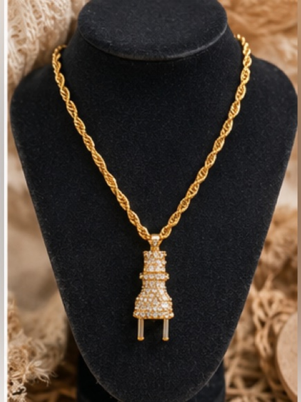 3/30 ✨✨ Gold Rope Chain Pendant Necklace with Crystal Encrusted Dress Charm